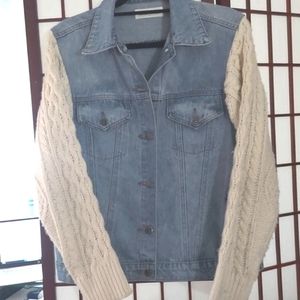 Caren Forbes Knit Crocheted sleeve Denim Button down jacket Sz S